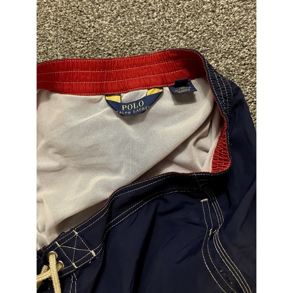 Polo Ralph Lauren SwimTrunks XL Navy‎ Blue Red Logo Beach Men’s Shorts - Picture 7 of 7